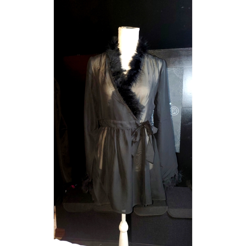 24Hrs Poly Chiffon Pegnoir w/ Faux Marabou Trim XS NWT